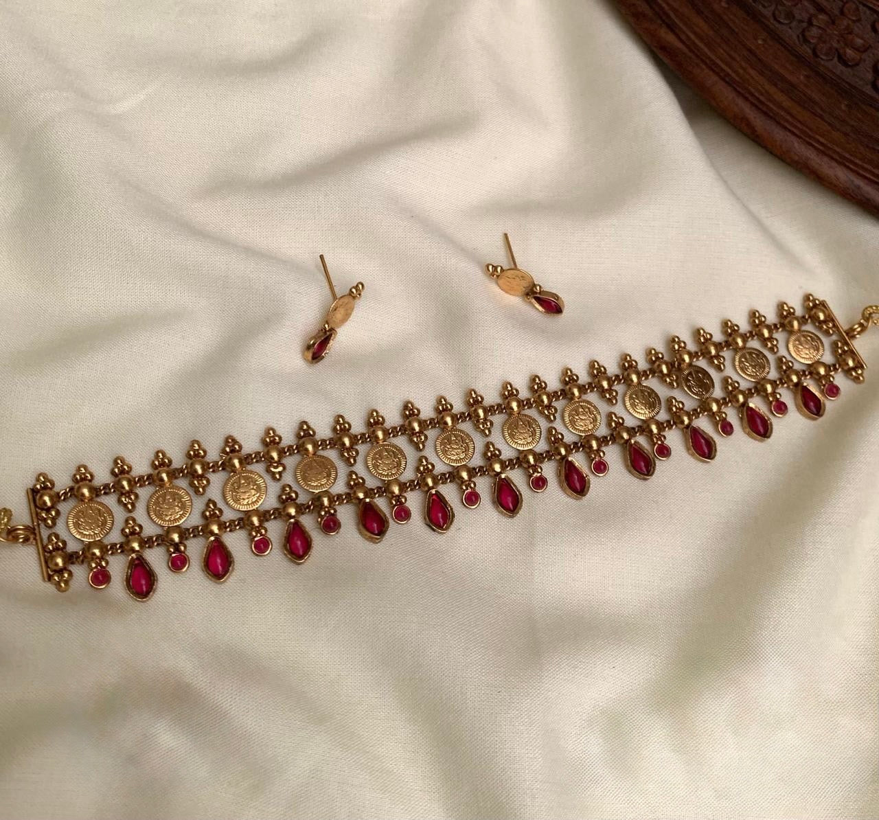 Nidhi - Kaashu Coin Choker with Red teardrop Stone