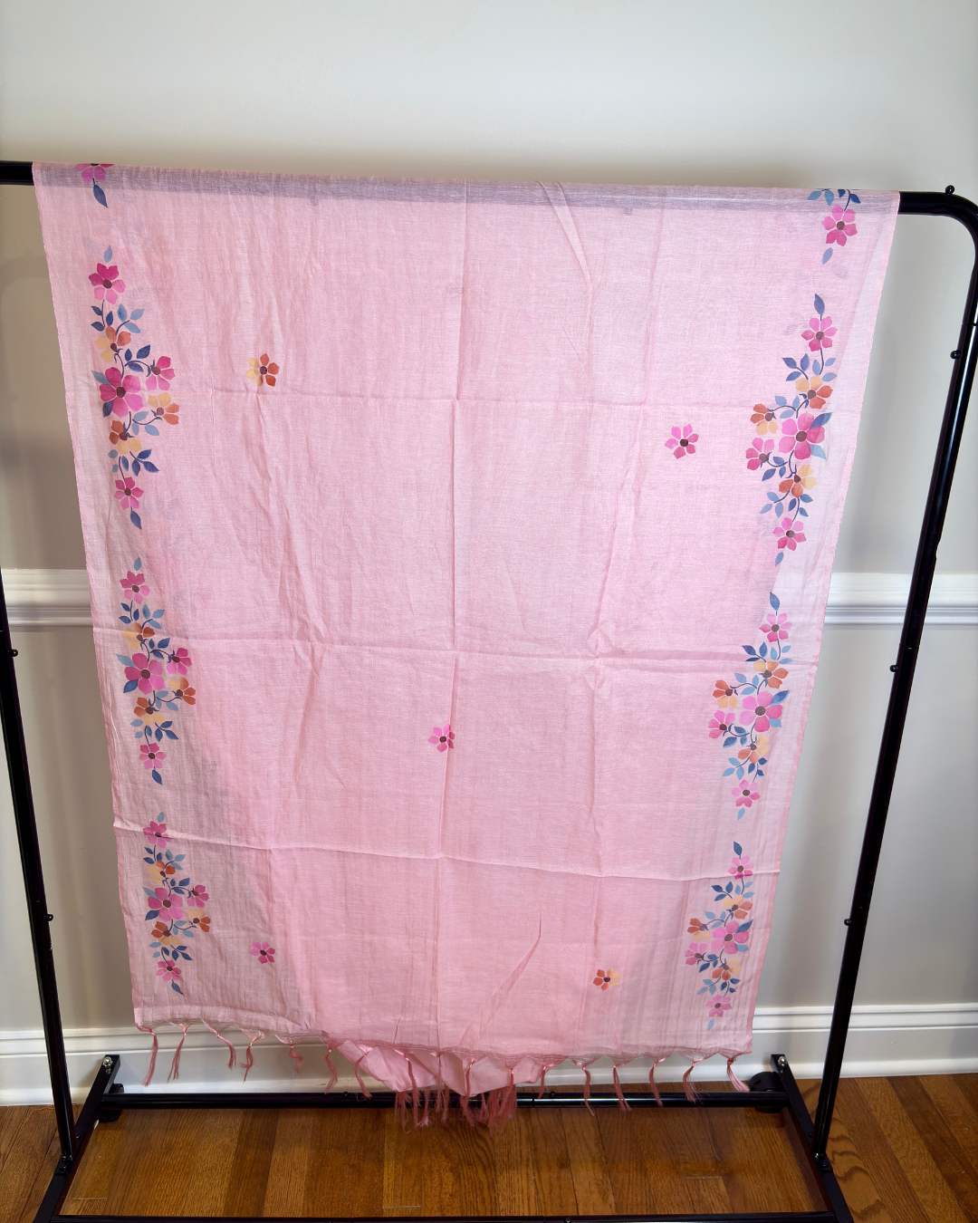 Pastel Pink 3-piece Suit Set with Hand-Embroidered Floral Yoke,Hem and Hand Painted Dupatta