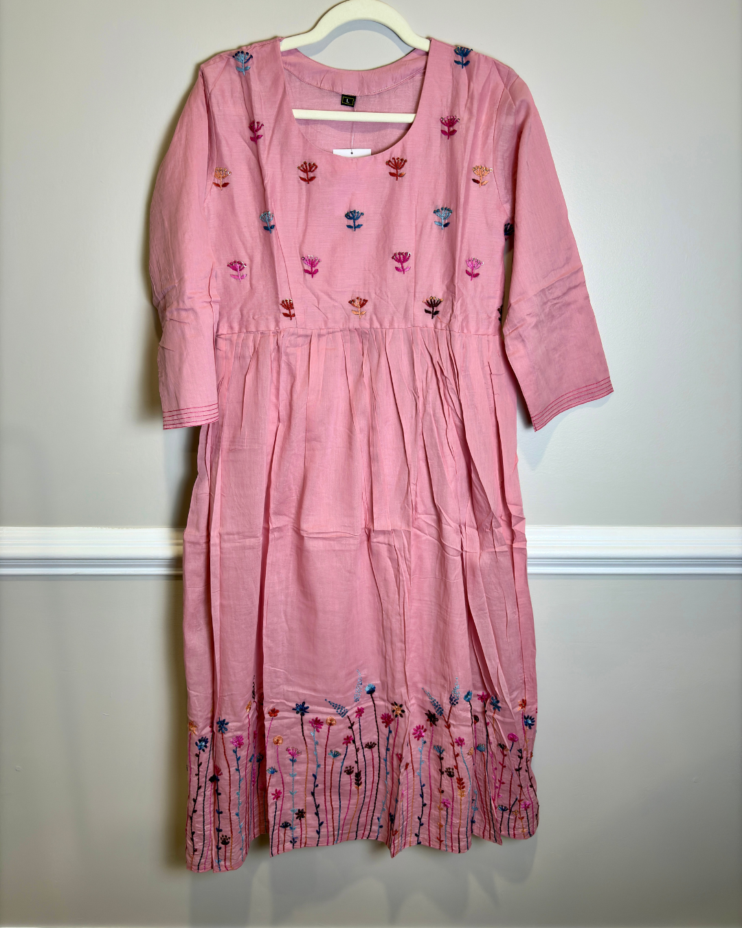 Pastel Pink 3-piece Suit Set with Hand-Embroidered Floral Yoke,Hem and Hand Painted Dupatta