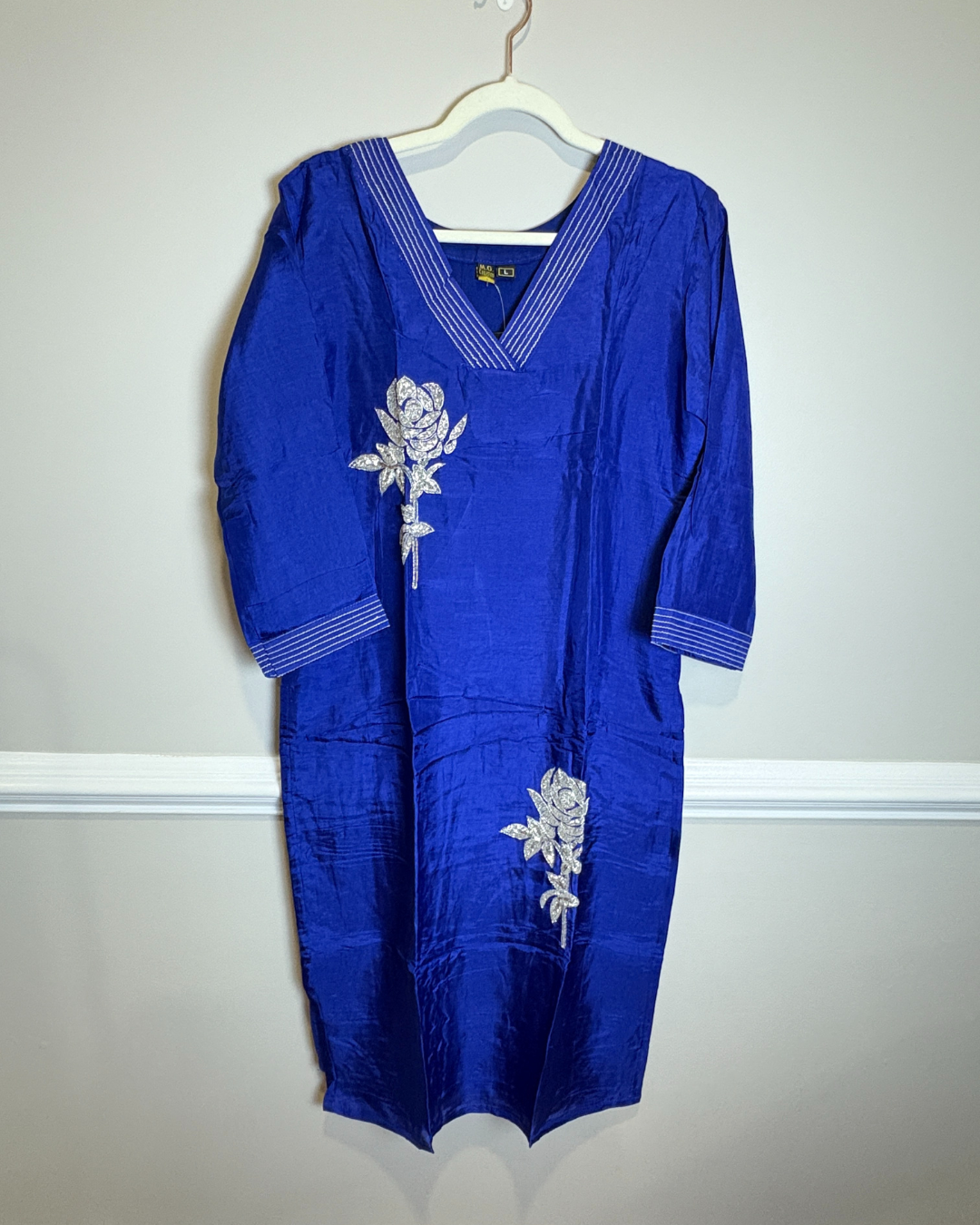 Royal Blue 3-piece Dola Silk Suit Set with Hand Work Rose and Scallop work Dupatta