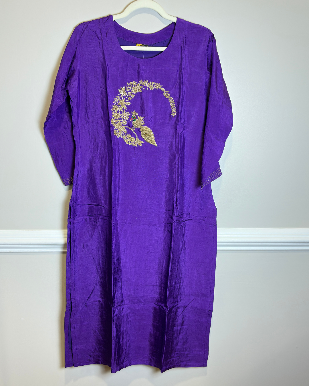 Purple 3-piece Dola Silk Suit Set with Hand Work Peacock and Scallop work Dupatta