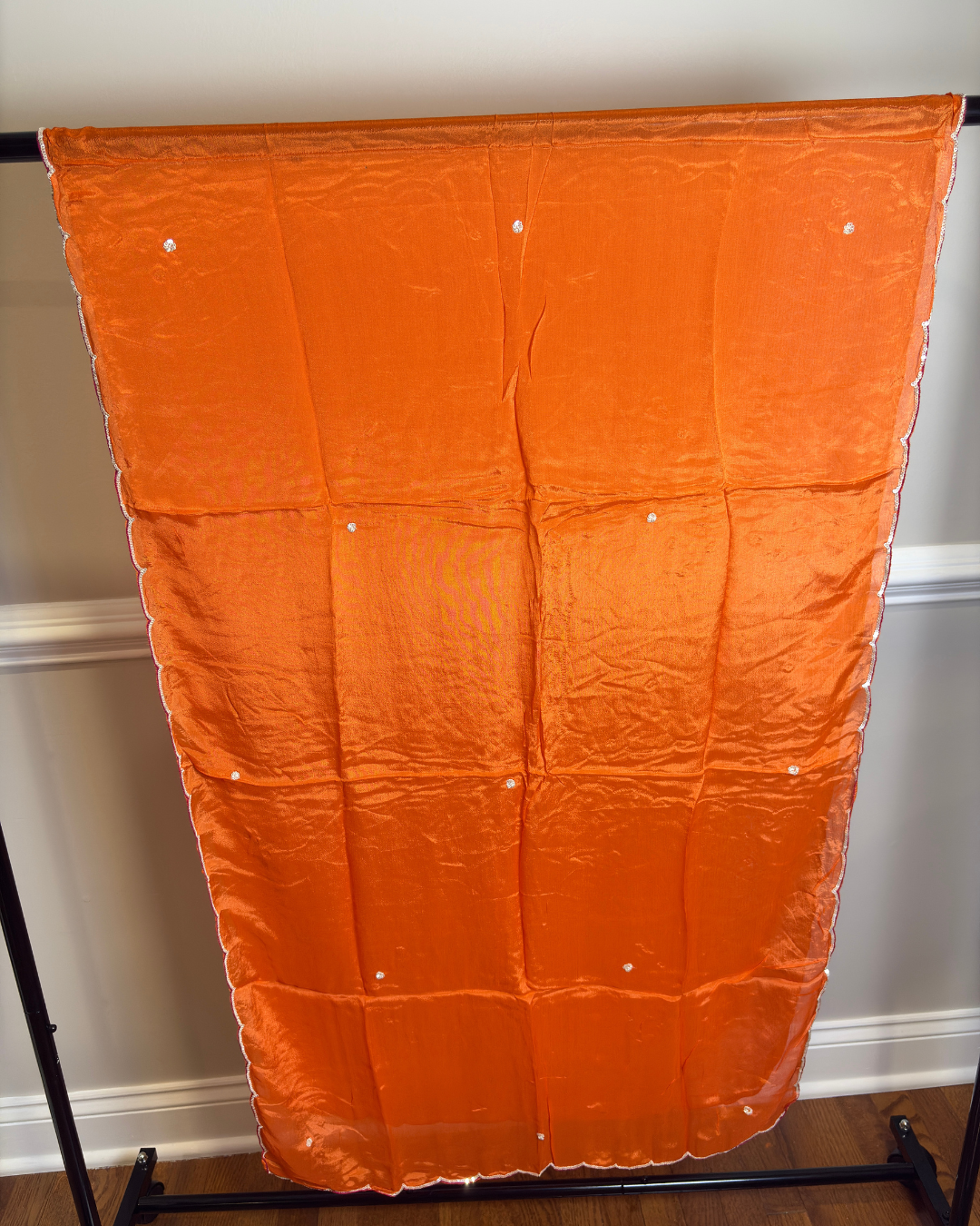 Orange 3-piece Dola Silk Suit Set with Hand Work Elephant and Scallop work Dupatta