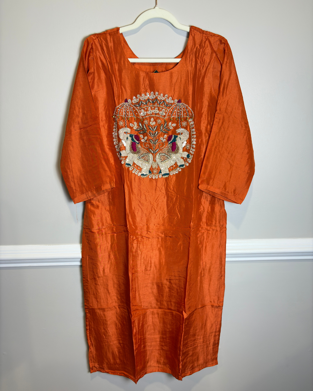 Orange 3-piece Dola Silk Suit Set with Hand Work Elephant and Scallop work Dupatta