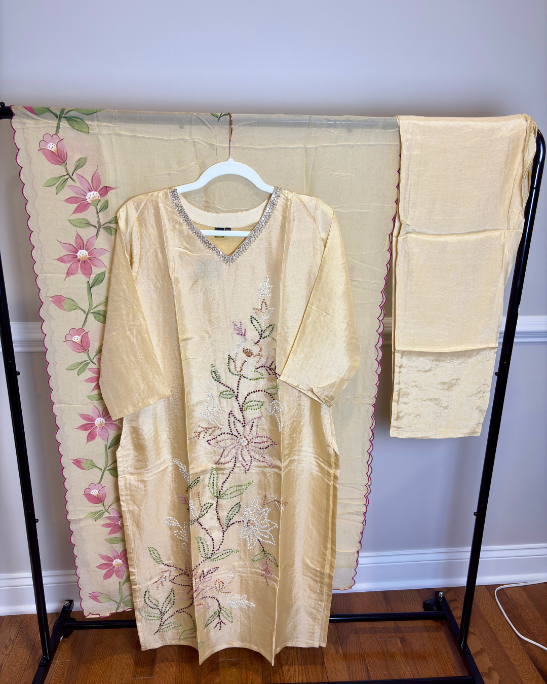 Beige Hand Work 3-piece Dola Silk Suit Set with Hand painted Scallop work Dupatta