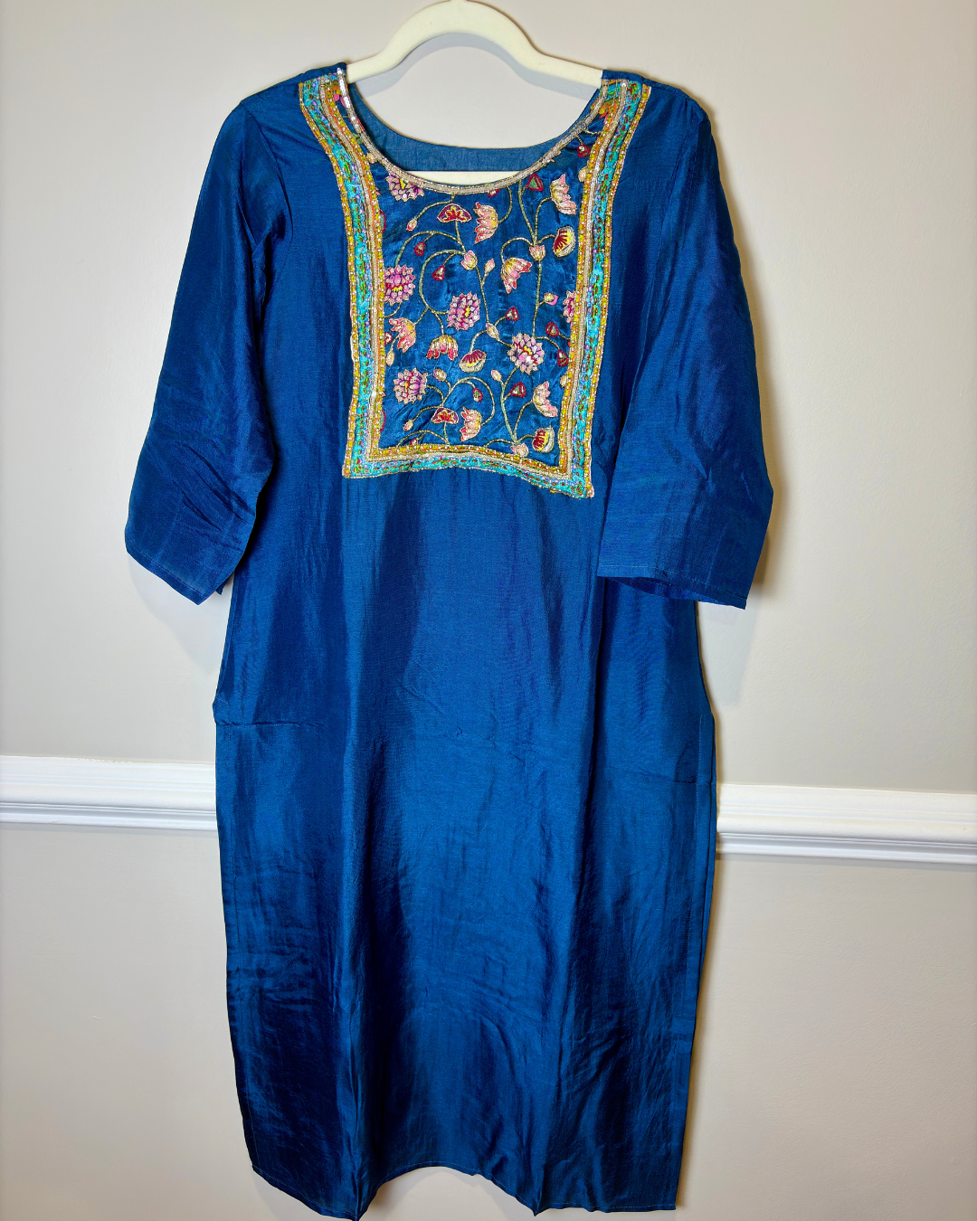Blue Hand Work 3-piece Russian Silk Suit Set with Pure Gajji Kalamkari Dupatta with Lagdi Patta