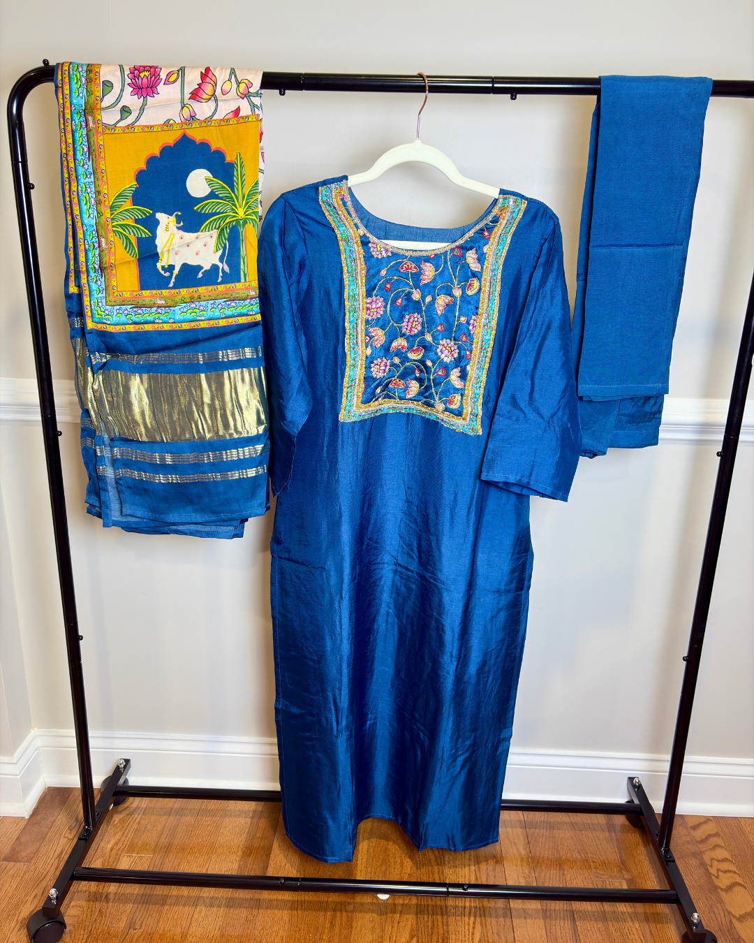 Blue Hand Work 3-piece Russian Silk Suit Set with Pure Gajji Kalamkari Dupatta with Lagdi Patta