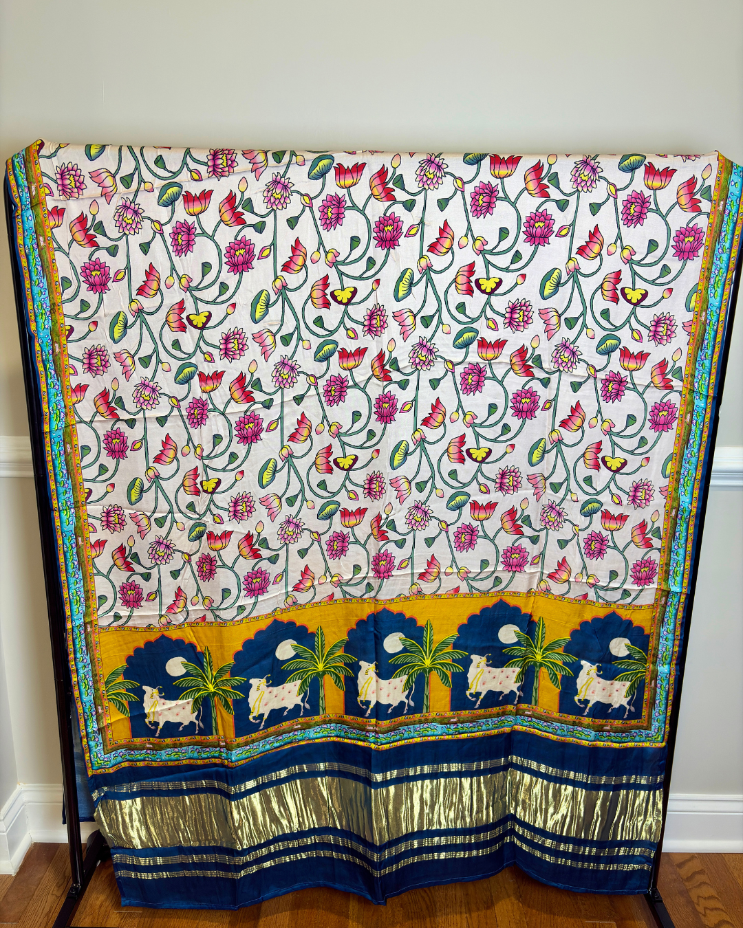 Blue Hand Work 3-piece Russian Silk Suit Set with Pure Gajji Kalamkari Dupatta with Lagdi Patta