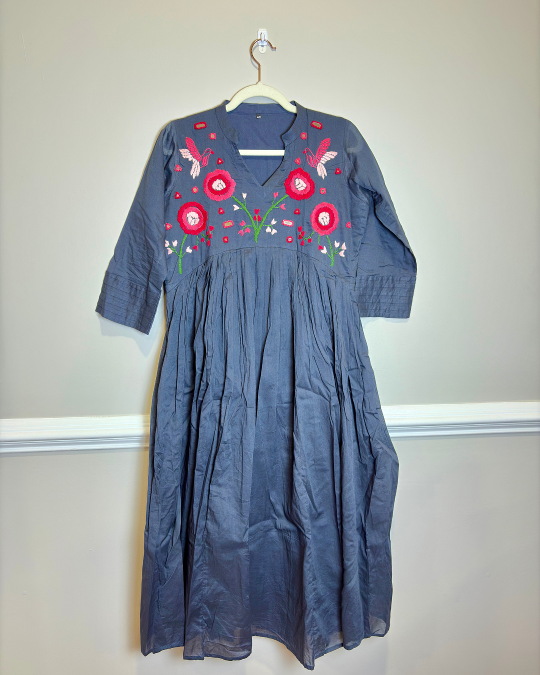 Black Grey Flared Dress/Kurta with Hand-Embroidered Floral Yoke