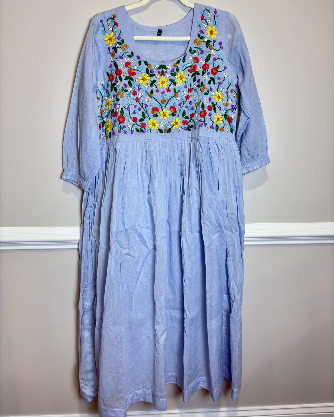 Light Blue Flared Dress/Kurta with Hand-Embroidered Floral Yoke