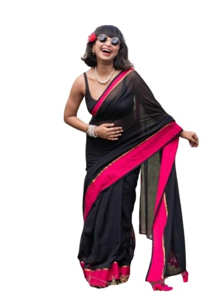 Rang - Black and Pink Mul Cotton Saree