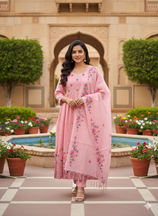 Pastel Pink 3-piece Suit Set with Hand-Embroidered Floral Yoke,Hem and Hand Painted Dupatta