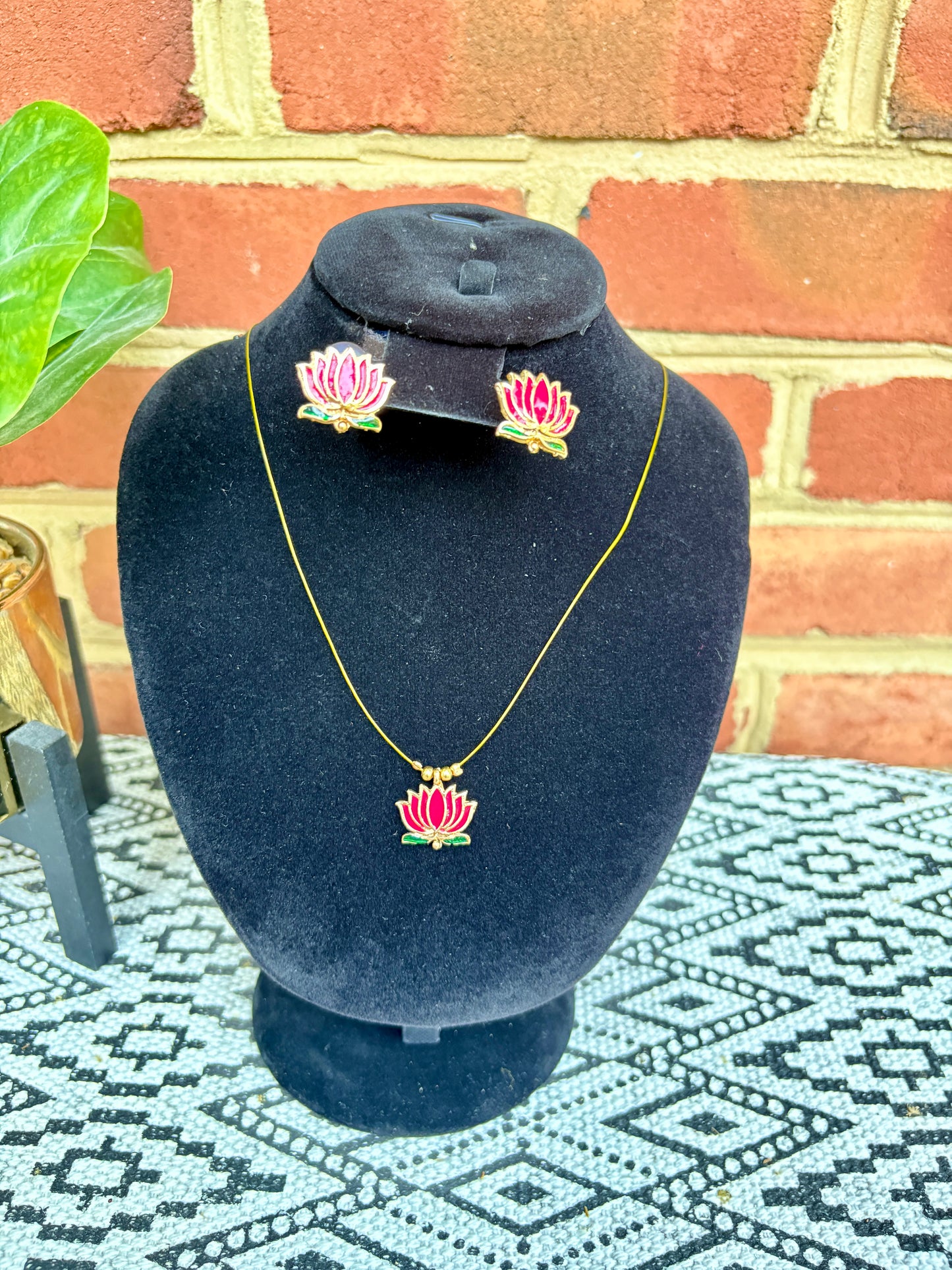 Neeraja - Invisible Pink Lotus Pendant Necklace Set with Matching Earrings