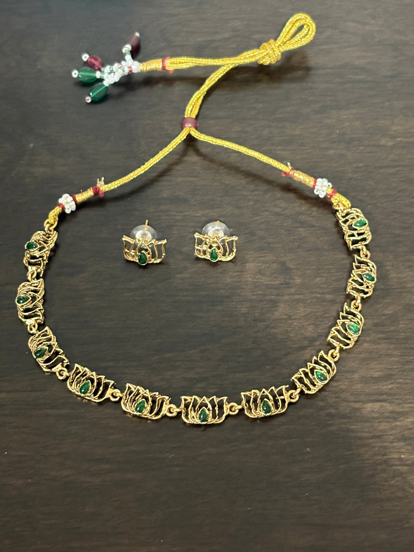 Kalyani - Green stone Lotus statement Necklace with Earring