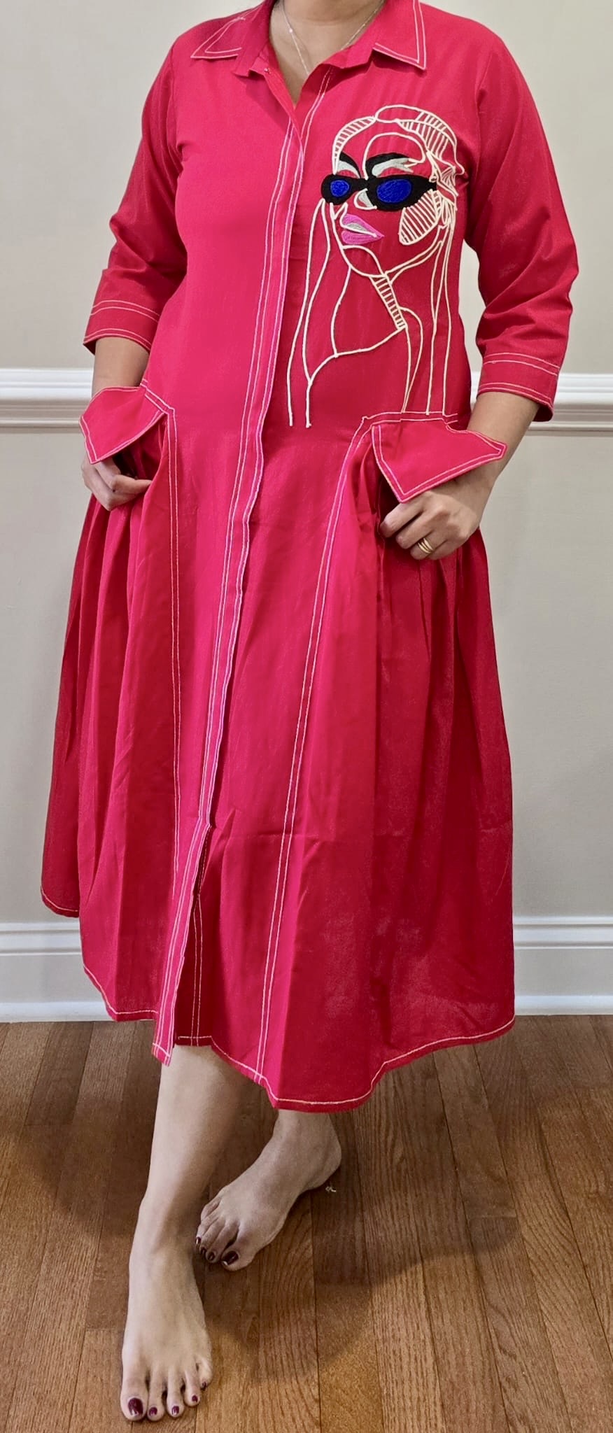 Red Flared Dress/Kurta with Embroidered Face Art on Front Panel