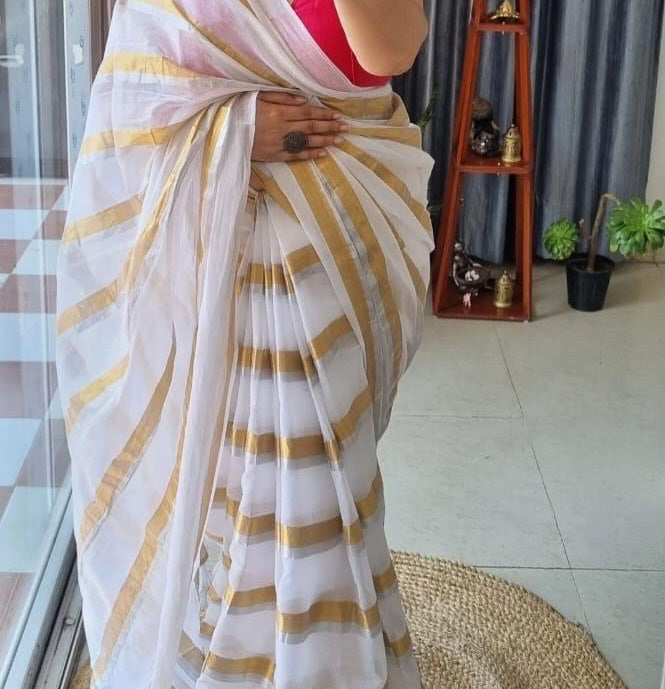 Mridula - Off White Stripes Mul Cotton Saree | Kerala Onam Saree