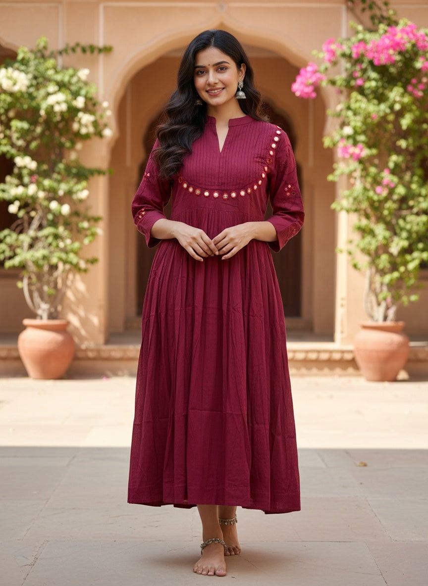 Maroon Dress/Kurta with Hand-Embroidered Mirror Work and French Knot