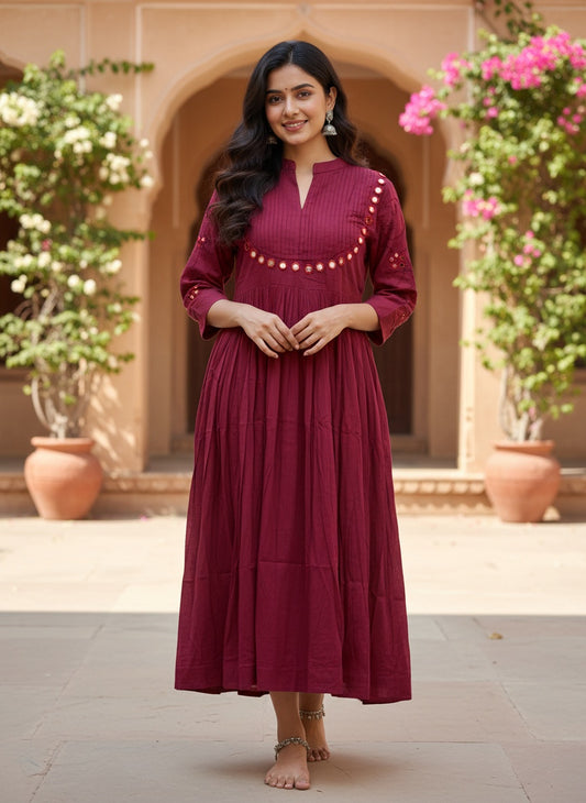 Maroon Dress/Kurta with Hand-Embroidered Mirror Work and French Knot