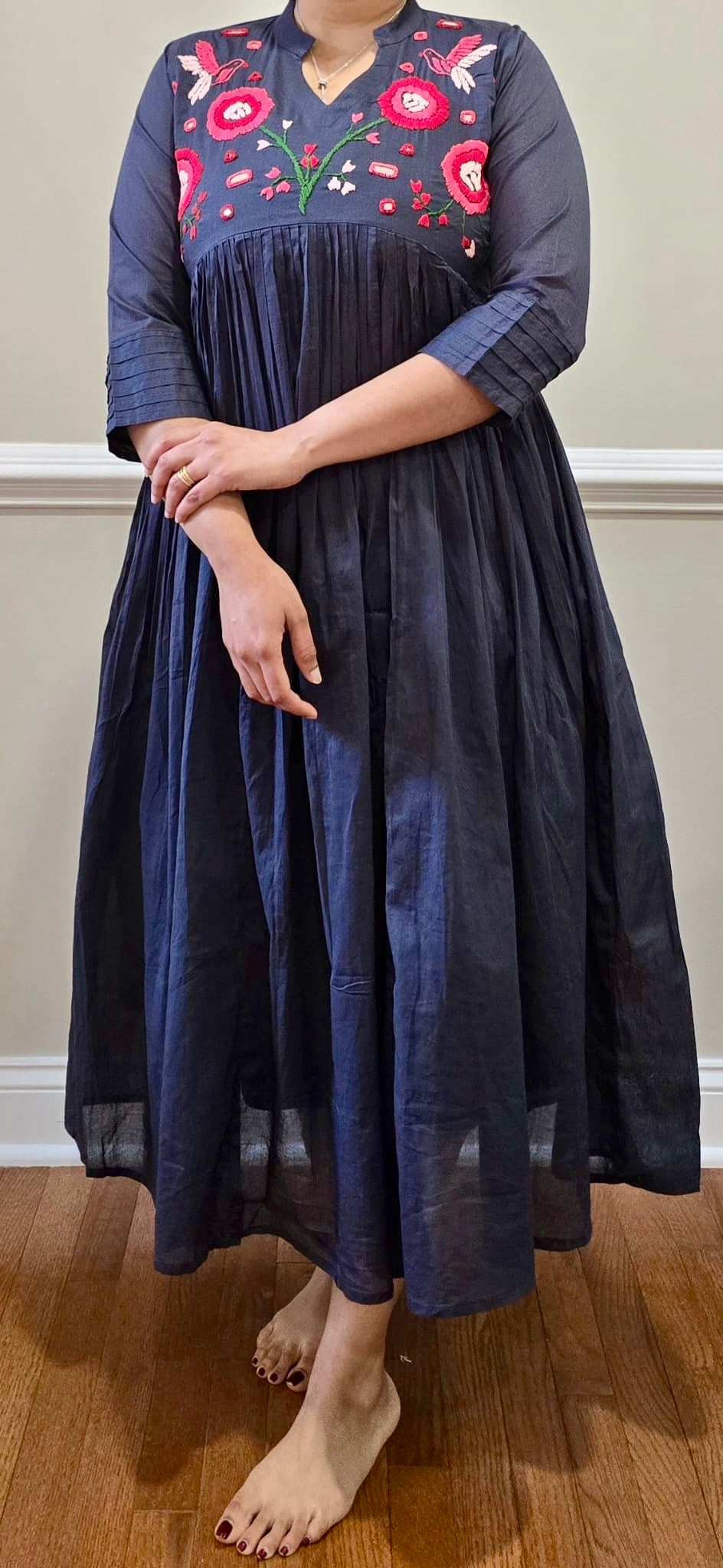 Black Grey Flared Dress/Kurta with Hand-Embroidered Floral Yoke