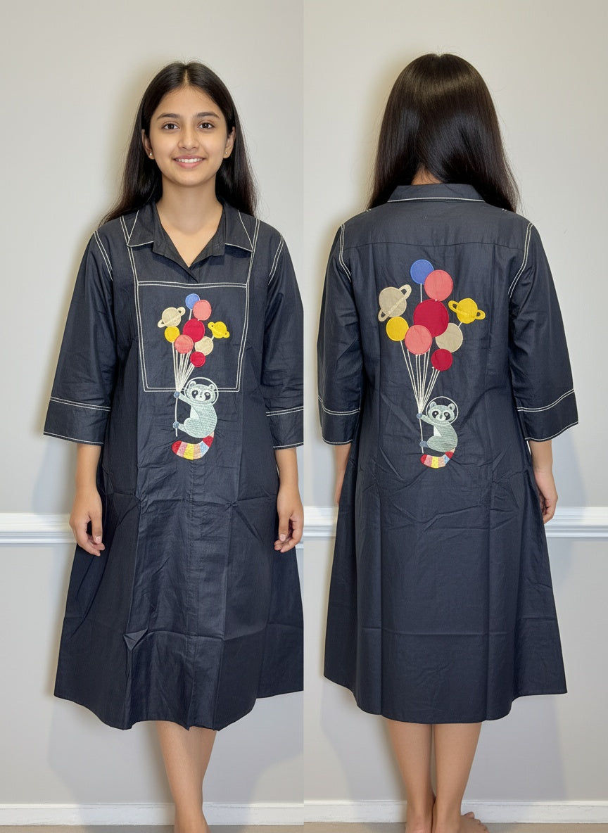 Black Dress/Kurta with Teddy Bear  Embroidery Work on Front and Back
