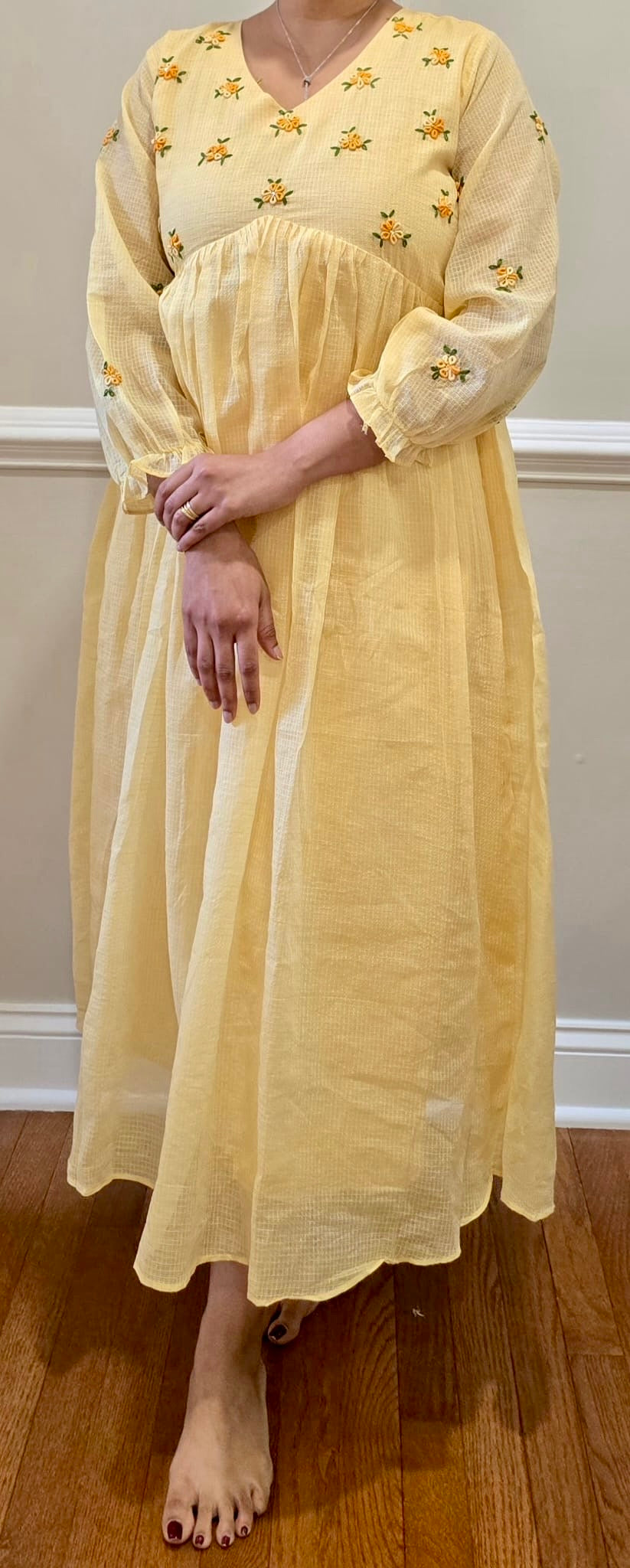 Pastel Yellow Alia Cut Dress/Kurta with Hand-Embroidered Bullion Floral Yoke