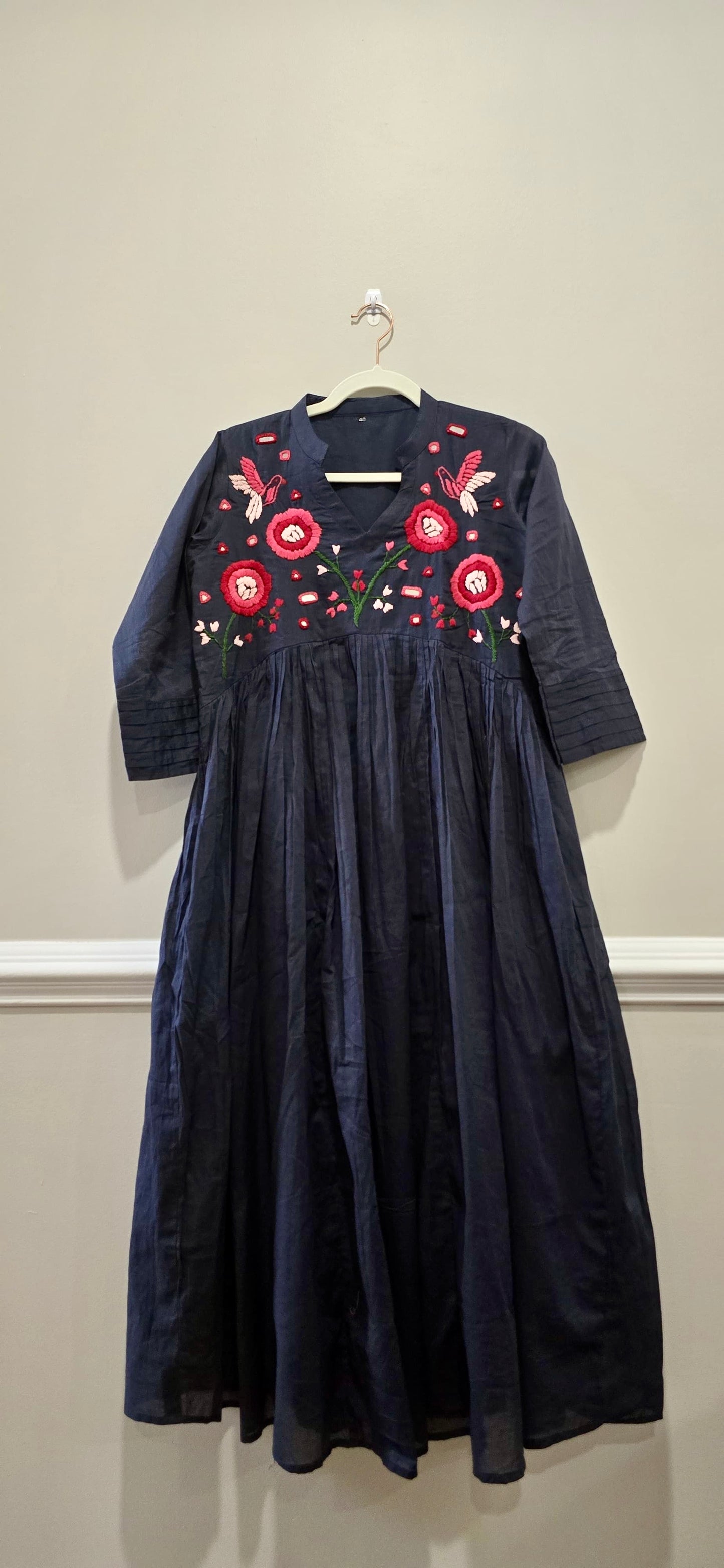 Black Grey Flared Dress/Kurta with Hand-Embroidered Floral Yoke