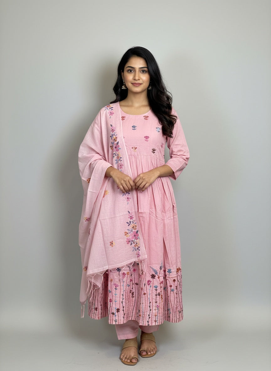 Pastel Pink 3-piece Suit Set with Hand-Embroidered Floral Yoke,Hem and Hand Painted Dupatta