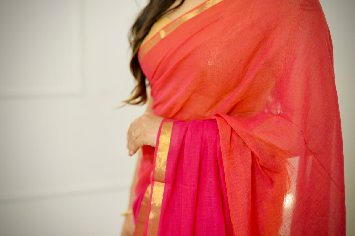 Ganga Jamuna - Pink and Orange Mul Cotton Saree