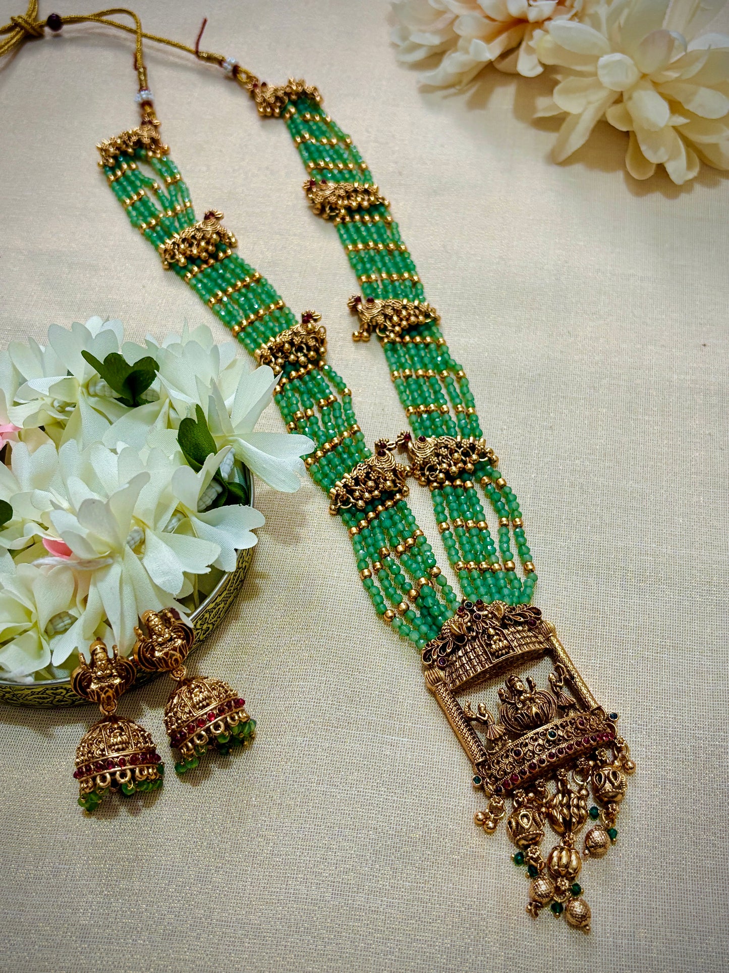 Mint Green Lakshmi Haaram | Indian Jewelry for Women | Ethnic Traditional Long Necklace | Wedding & Festive Wear Jewelry