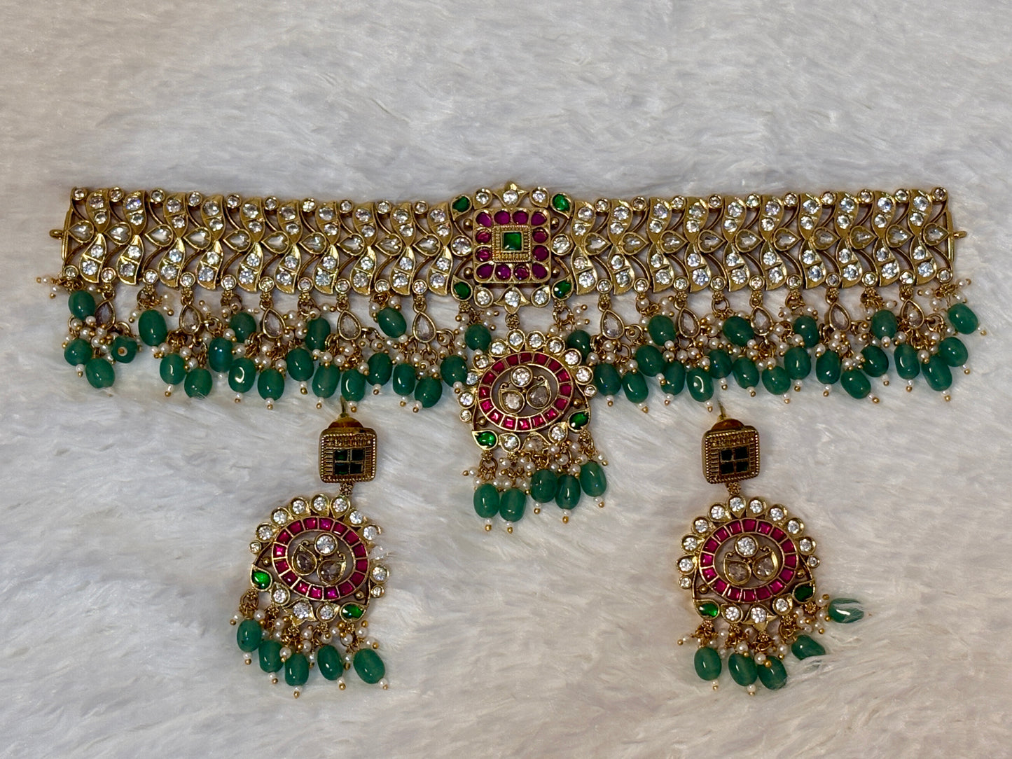Jadau Kundan White and Green Choker | Indian Jewelry for Women | Ethnic Bridal & Festive Necklace | Traditional Wedding Jewelry