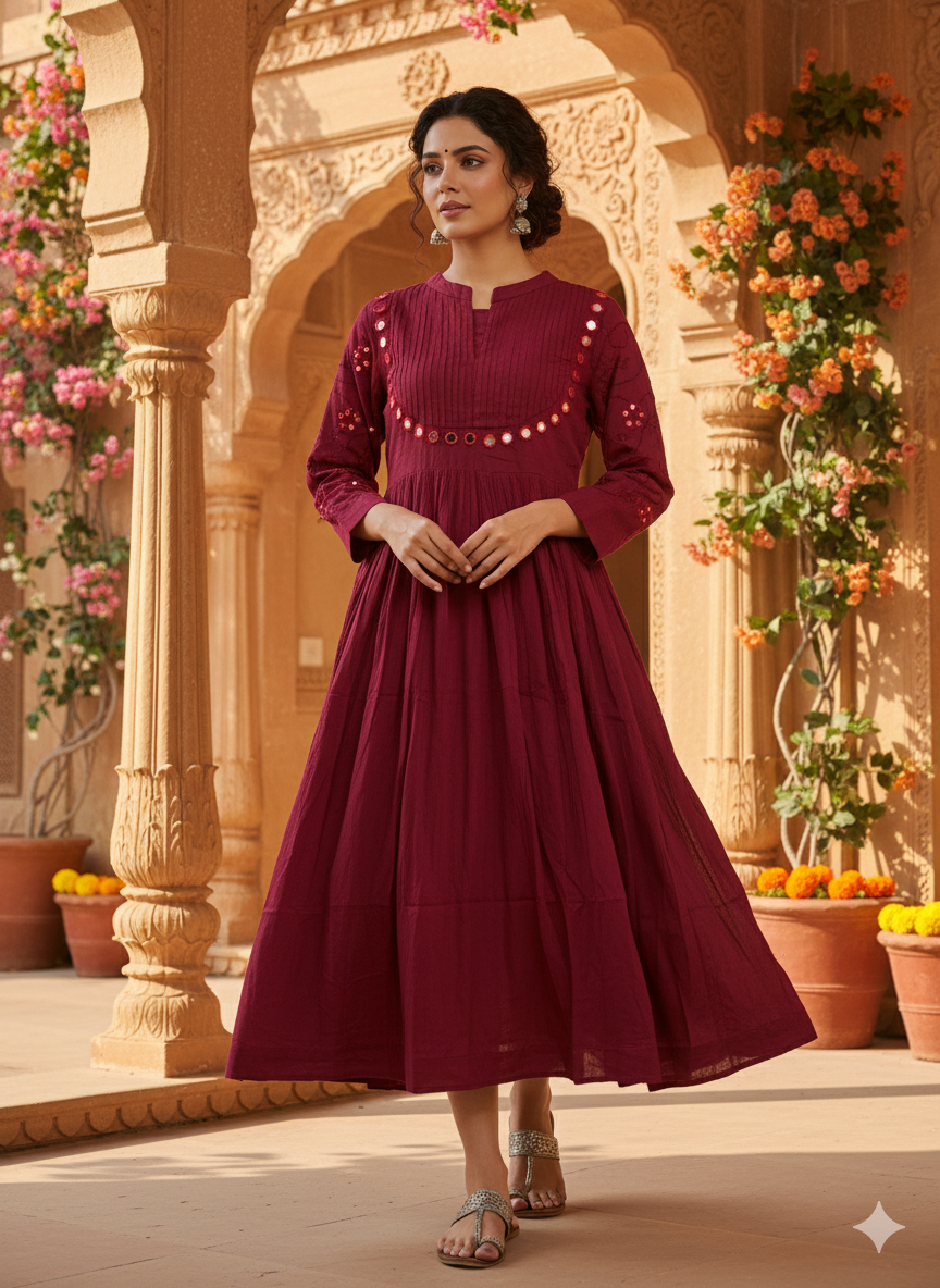 Maroon Dress/Kurta with Hand-Embroidered Mirror Work and French Knot