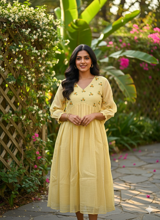 Pastel Yellow Alia Cut Dress/Kurta with Hand-Embroidered Bullion Floral Yoke
