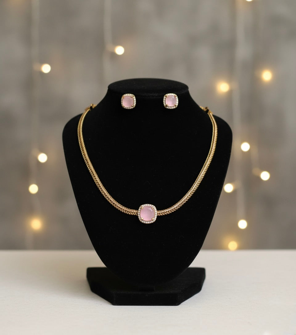 Sundari - Pink Stone Necklace & Earring Set
