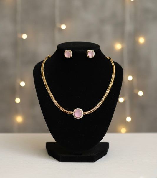 Sundari - Pink Stone Necklace & Earring Set