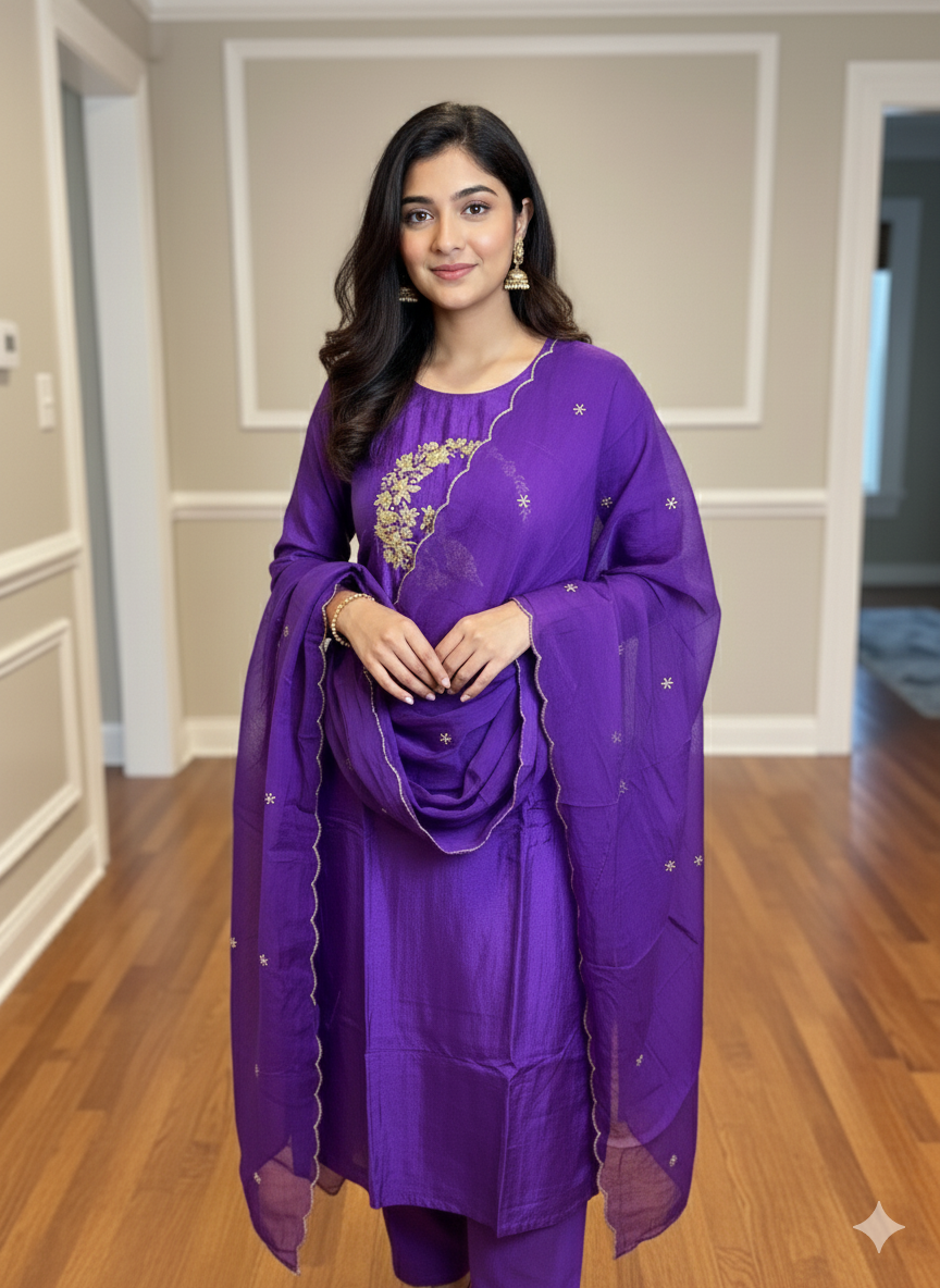 Purple 3-piece Dola Silk Suit Set with Hand Work Peacock and Scallop work Dupatta