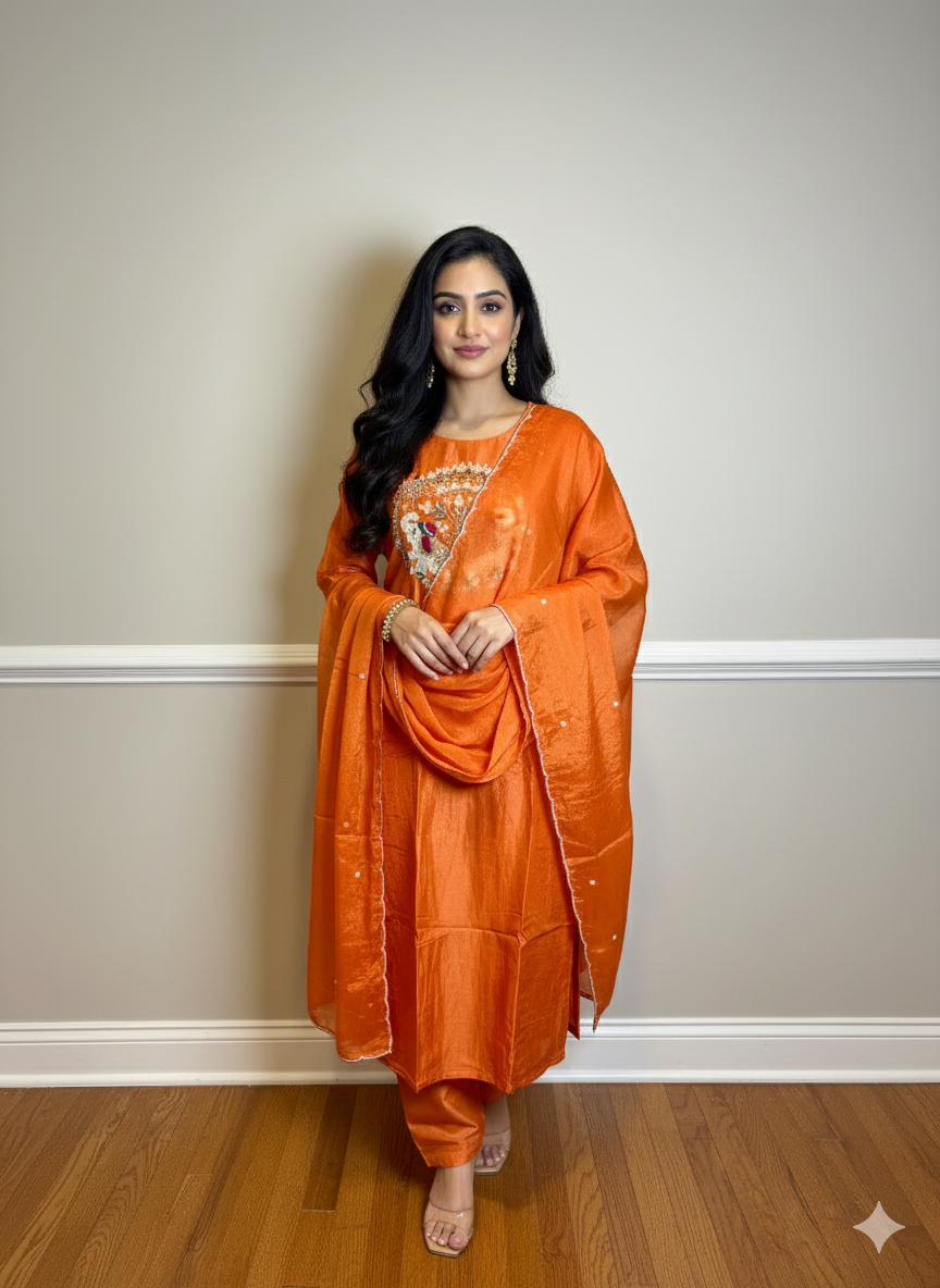 Orange 3-piece Dola Silk Suit Set with Hand Work Elephant and Scallop work Dupatta