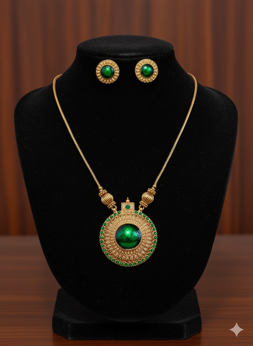 Palakka Inspired Green Statement Pendant Necklace | Indian Jewelry for Women | Ethnic Necklace | Festival & Party Wear