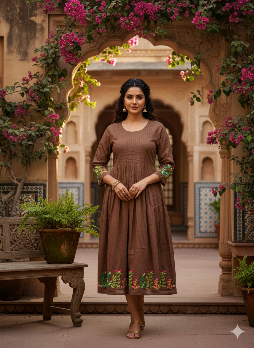 Brown flared Dress/Kurta with floral hand embroidery.
