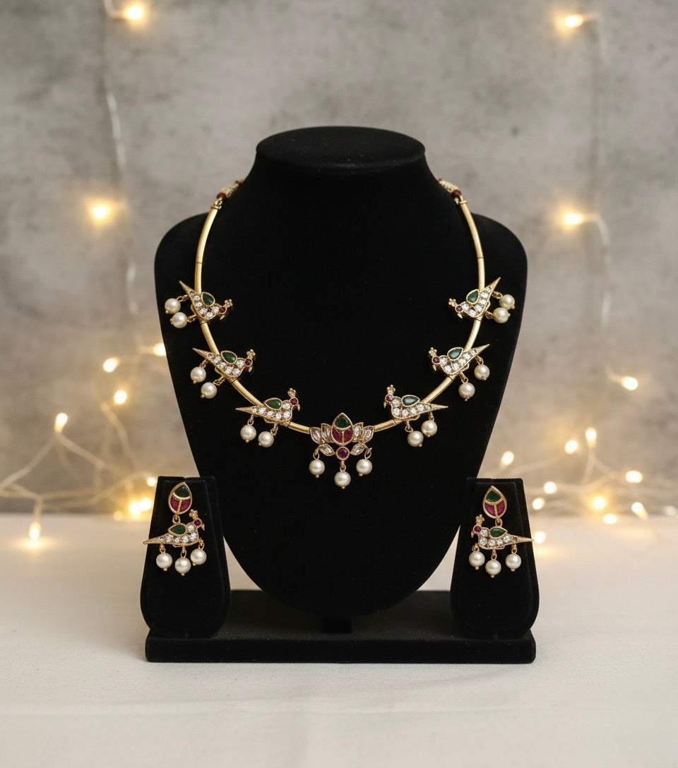 Mayoori - Peacock Design Necklace Set with Pearls
