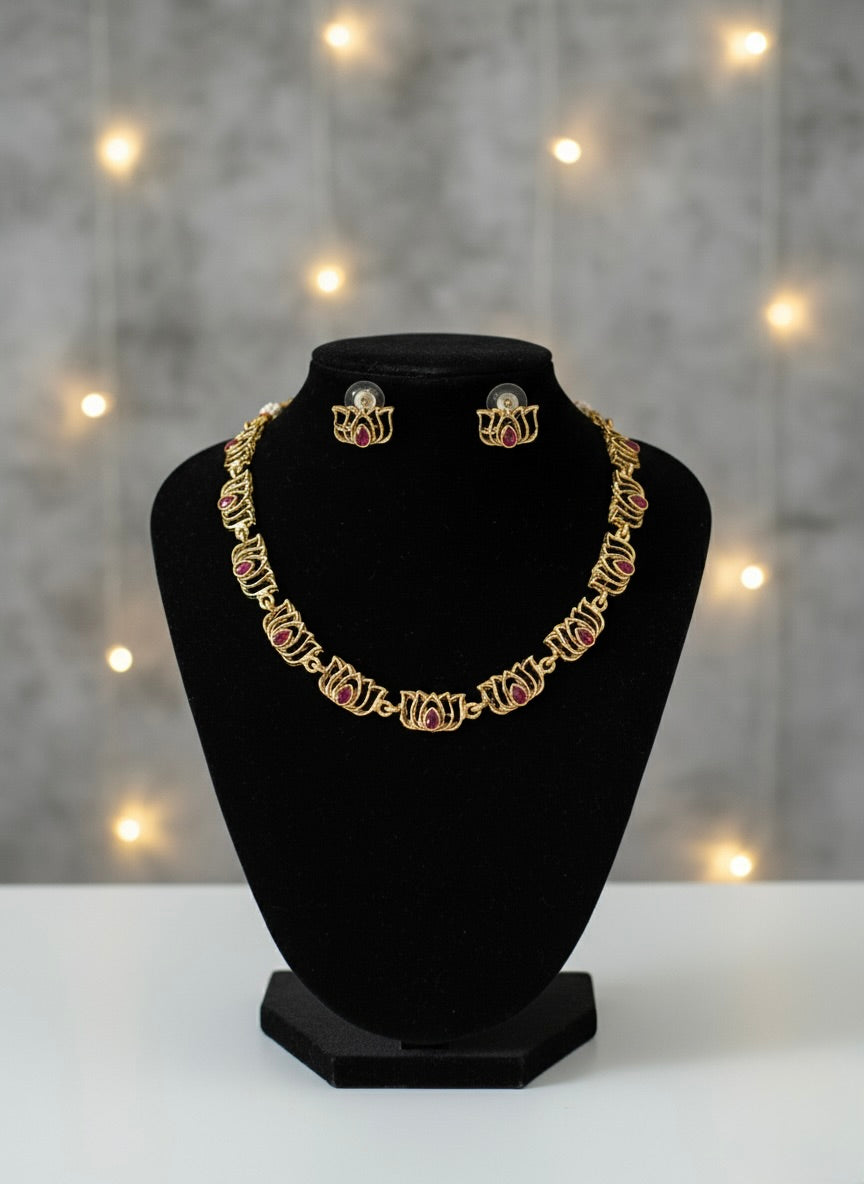 Kalyani - Red stone Lotus statement Necklace with Earring