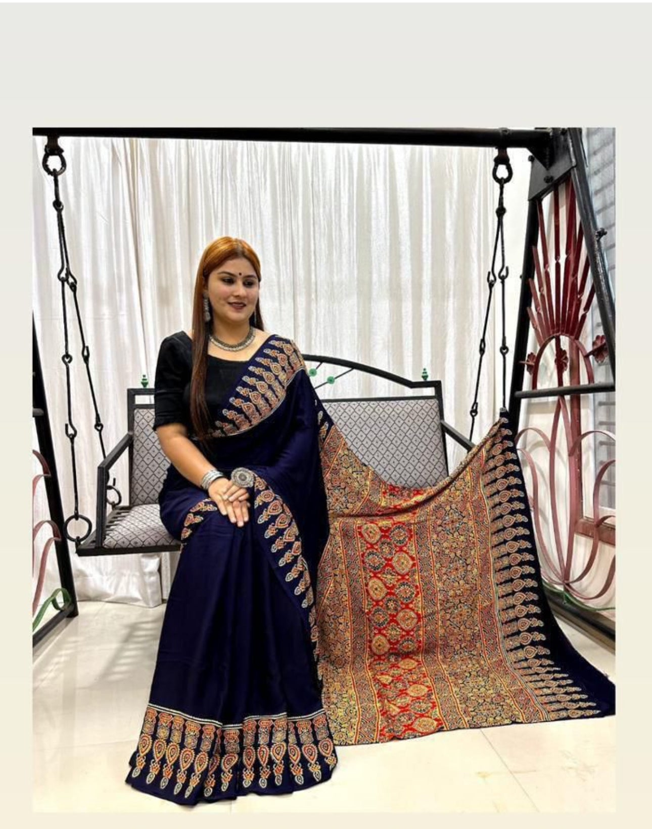 Ajrakh Modal Silk Saree with Gada Border