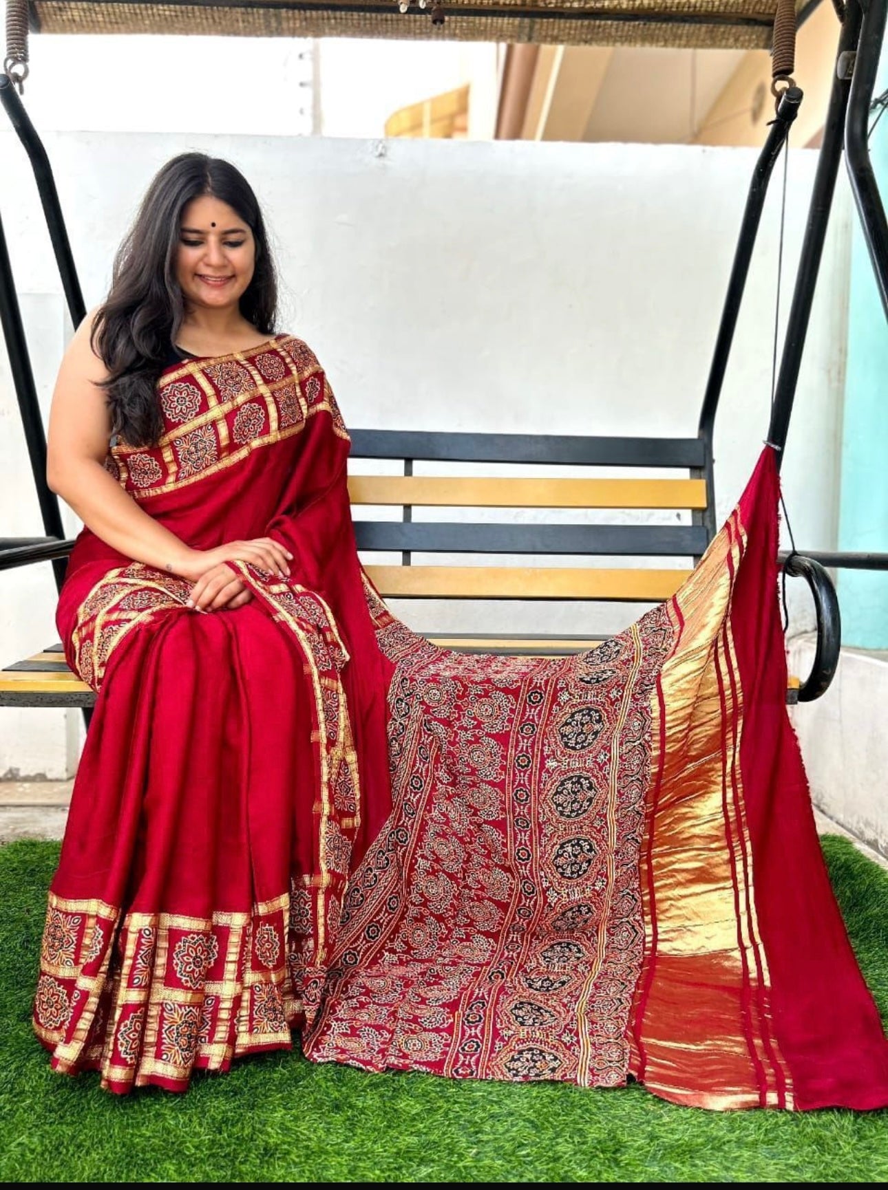 Modal Silk Ajrakh Garchola Gala Border Saree with Lagdi Patta