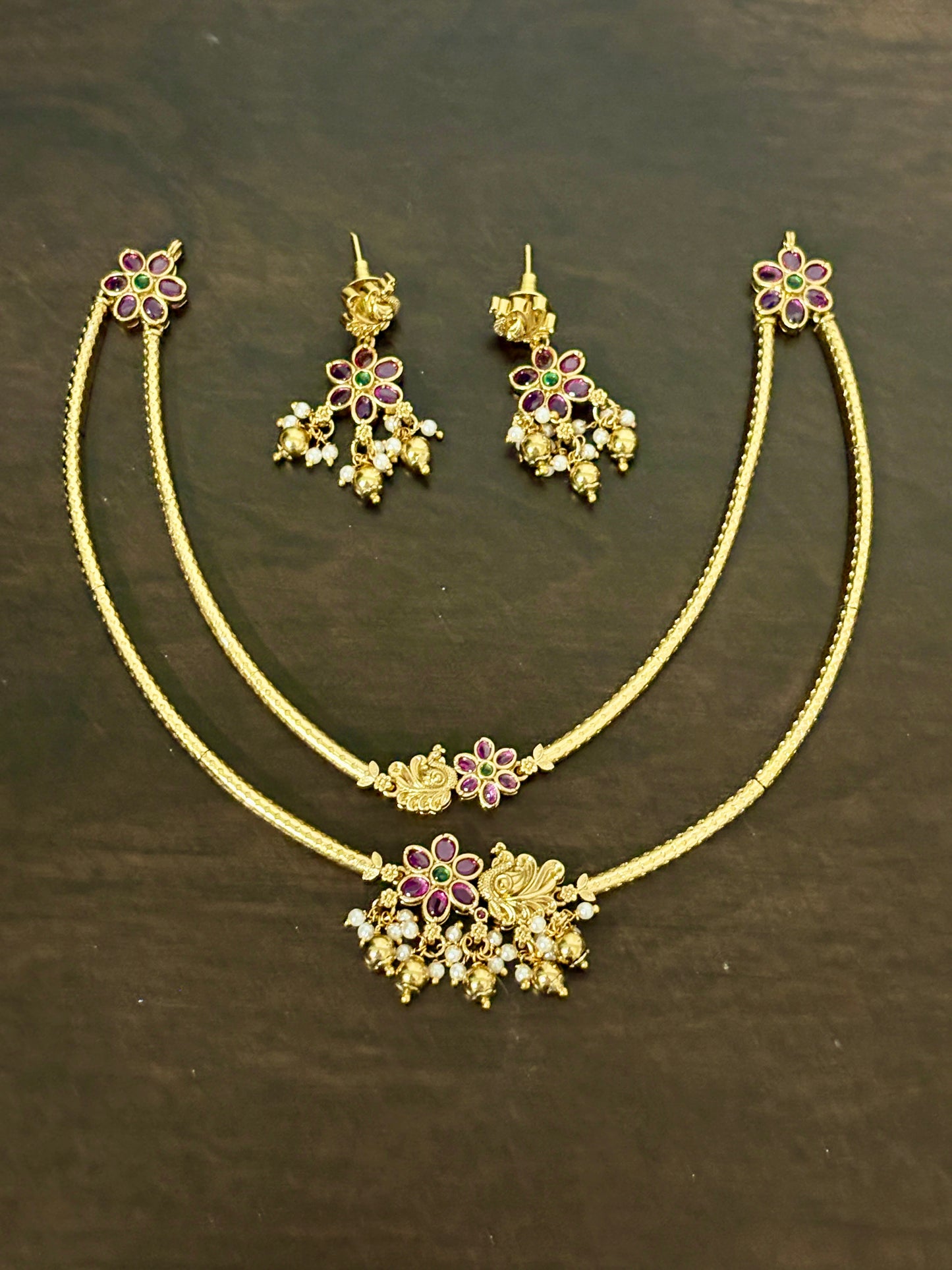 Vanya - Statement Double Layer Peacock and Floral Necklace Set with Matching Earrings
