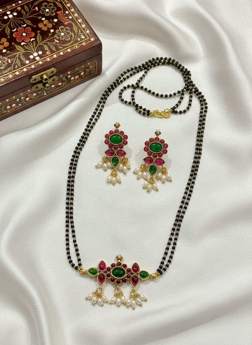 Mangala - MangalSutra With Green and Red Stone Pendant and matching earring