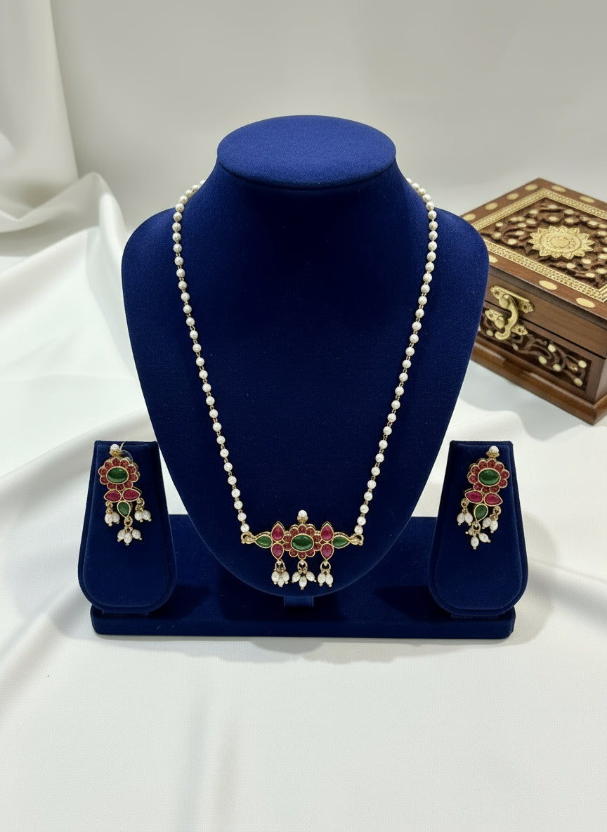 Mithra - Pearl Chain Necklace with Red and Green Pendant and Matching Earrings