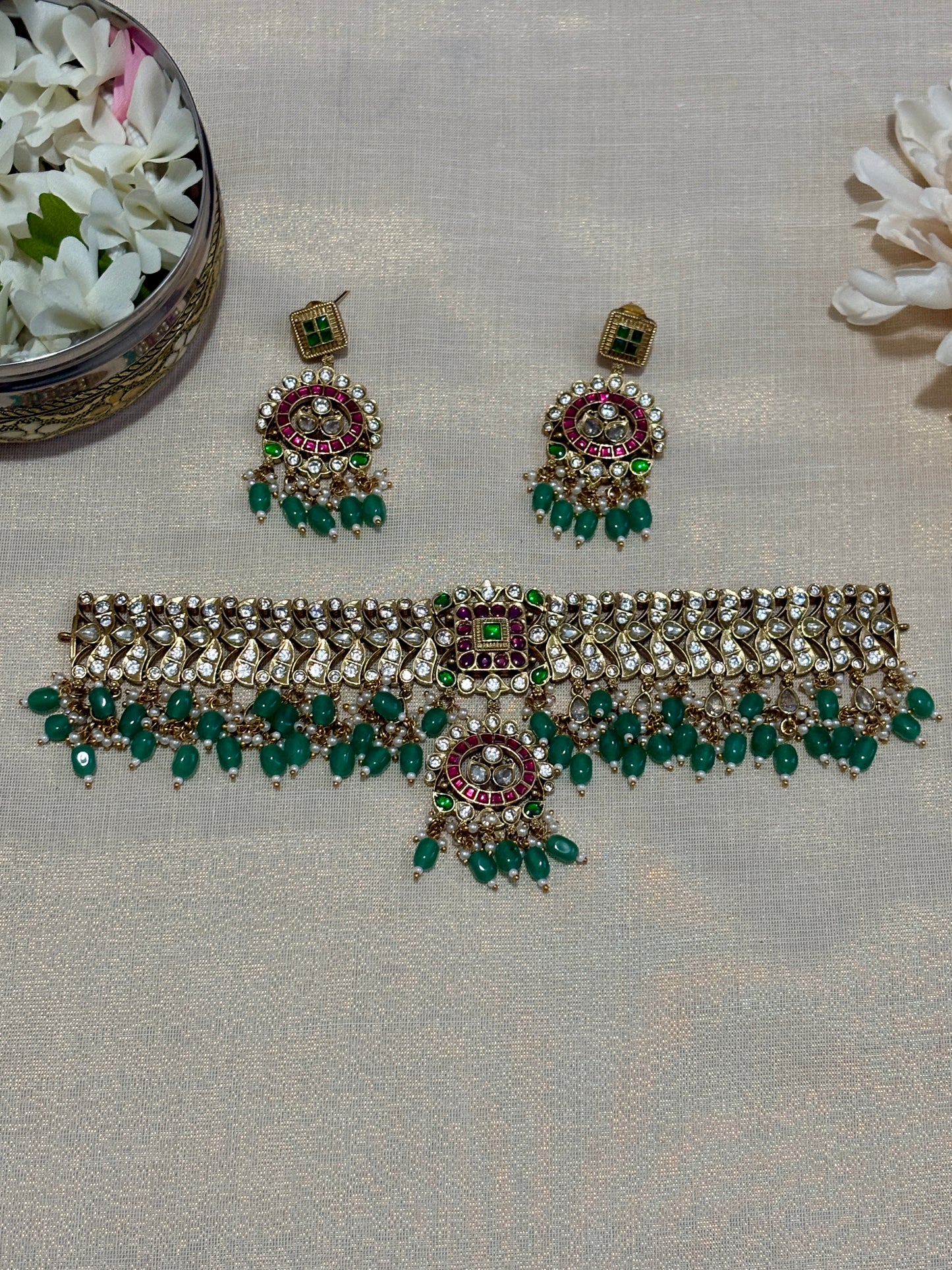 Jadau Kundan White and Green Choker | Indian Jewelry for Women | Ethnic Bridal & Festive Necklace | Traditional Wedding Jewelry
