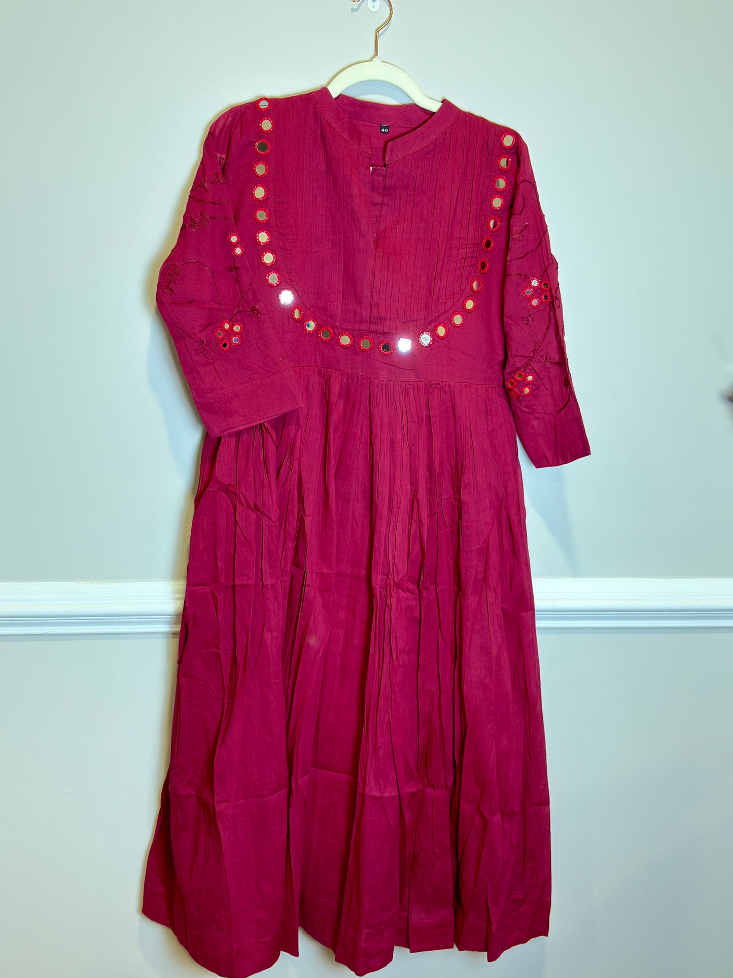 Maroon Dress/Kurta with Hand-Embroidered Mirror Work and French Knot