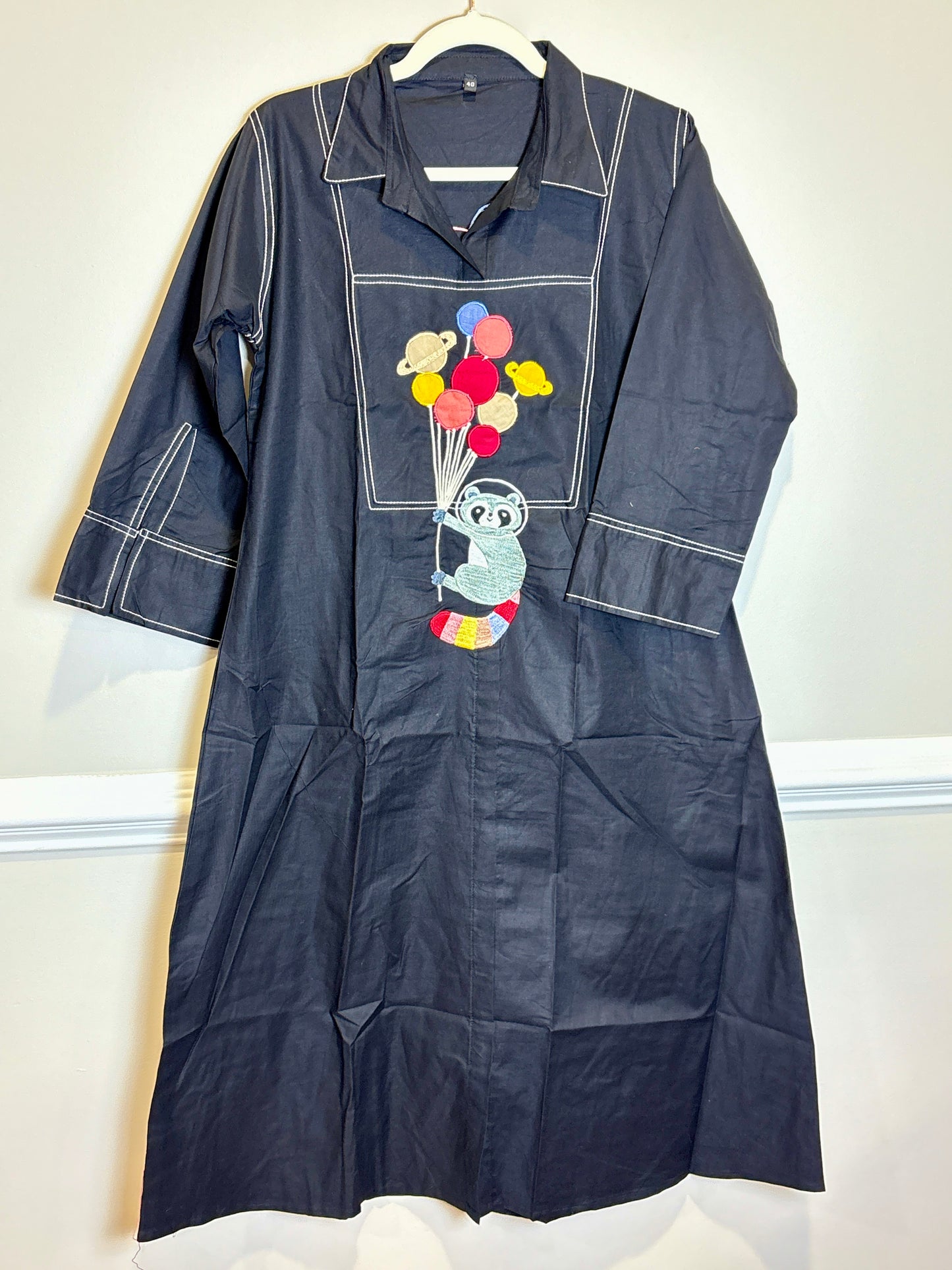 Black Dress/Kurta with Teddy Bear Embroidery Work on Front and Back