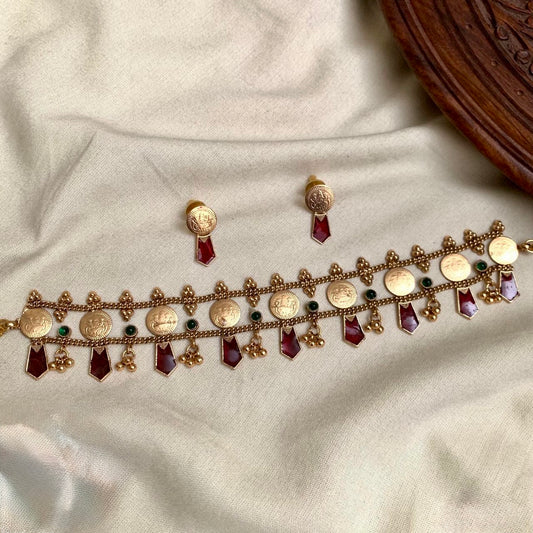 Naga - Nagabhadam and Kasshu Coin Choker with Studs- Red