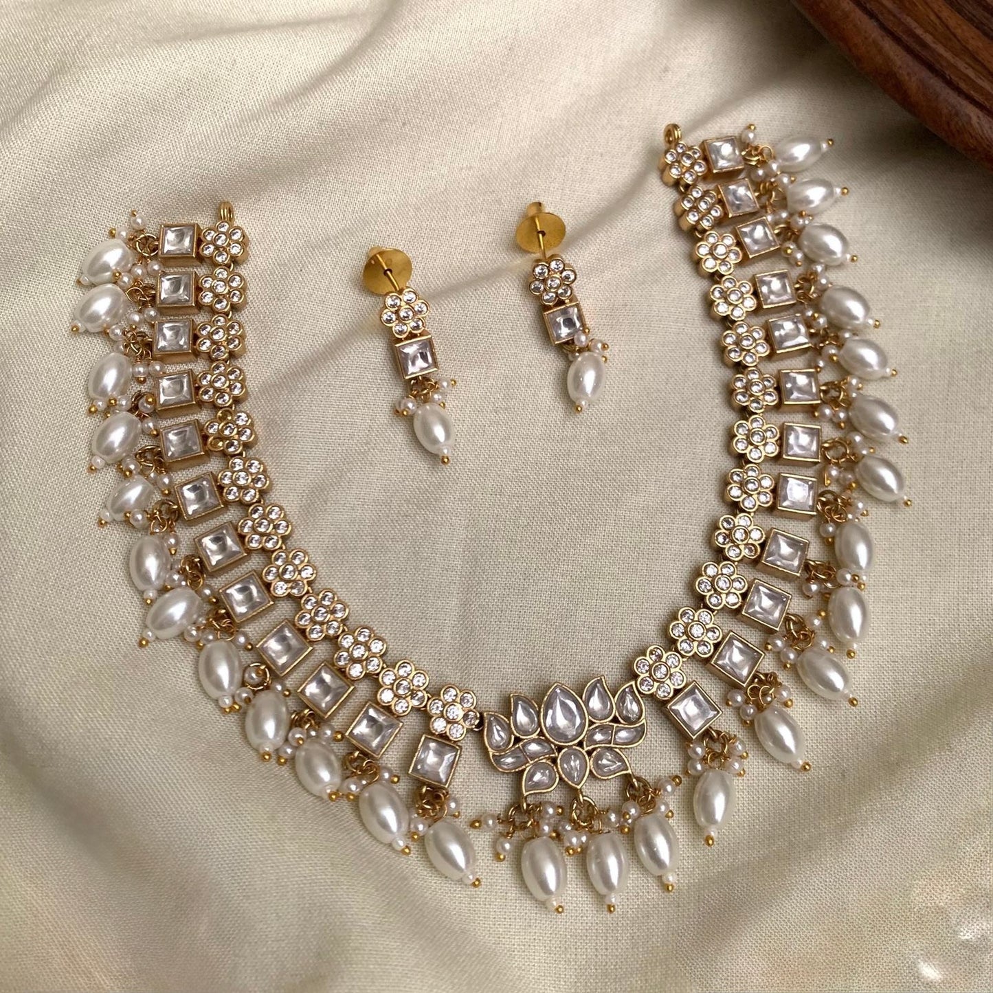 Padma - White stone and Pearl - Lotus and floral Premium Jadau Kundan Necklace Set