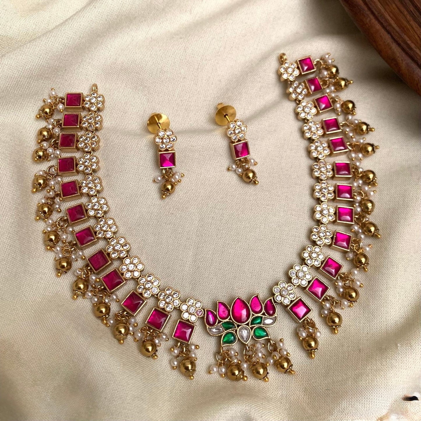 Padma - Pink and White - Lotus and floral Premium Jadau Kundan Necklace Set